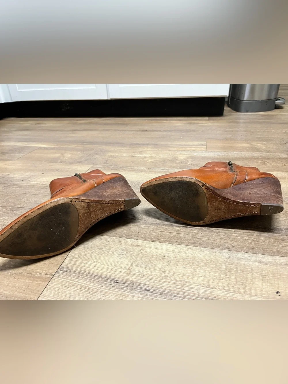 Frye Regina Wedge, Cognac Leather Zip Ankle Boots. 9.5